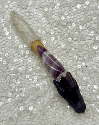 Fluorite Dragon, Amethyst, White Agate & Quartz Shamanic Healing Wand, Quiet Mind, Crown Chakra, Inner Peace, Wisdom