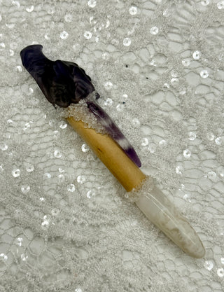 Fluorite Dragon, Amethyst, White Agate & Quartz Shamanic Healing Wand, Quiet Mind, Crown Chakra, Inner Peace, Wisdom