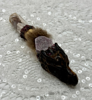 Tiger Eye Dragon, Flower Agate Point, Ruby, Garnet Shamanic Healing Wand, Empowerment, Confidence, Transformation, Protection