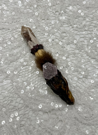 Tiger Eye Dragon, Flower Agate Point, Ruby, Garnet Shamanic Healing Wand, Empowerment, Confidence, Transformation, Protection