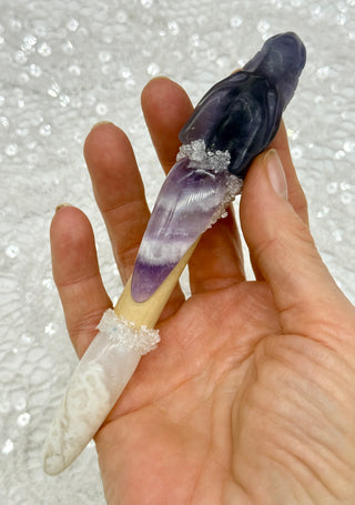 Fluorite Dragon, Amethyst, White Agate & Quartz Shamanic Healing Wand, Quiet Mind, Crown Chakra, Inner Peace, Wisdom