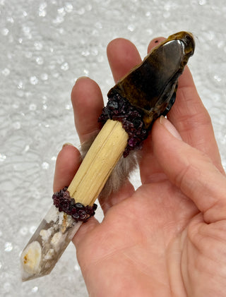 Tiger Eye Dragon, Flower Agate Point, Ruby, Garnet Shamanic Healing Wand, Empowerment, Confidence, Transformation, Protection