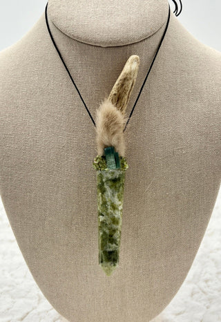 Antler, Serpentine, Green Tourmaline, Peridot Shamanic Traveling Magic Wand, Energy Healing Pendant, Heart, Crown, Third Eye, Solar Plexus - Journey There -