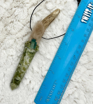 Antler, Serpentine, Green Tourmaline, Peridot Shamanic Traveling Magic Wand, Energy Healing Pendant, Heart, Crown, Third Eye, Solar Plexus - Journey There -
