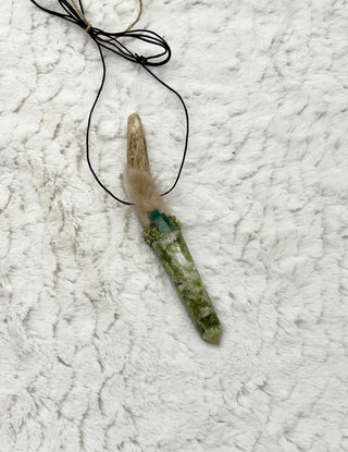 Antler, Serpentine, Green Tourmaline, Peridot Shamanic Traveling Magic Wand, Energy Healing Pendant, Heart, Crown, Third Eye, Solar Plexus - Journey There -