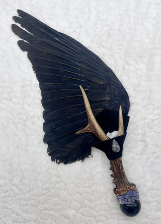 Crow Smudge Fan, Antler, Black Obsidian, Grape Agate, Labradorite, Faden Quartz Shamanic Clearing, Ceremonial, Growth Transformation - Journey There -
