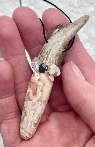 Antler, Crazy Lace Agate, Sunstone, Peach Moonstone Shamanic Traveling Magic Wand, Energy Healing Pendant, Self-Worth, Personal Power - Journey There -