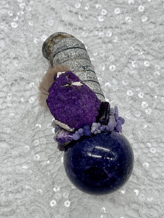 Orthoceras, Lepidolite Sphere, Purpurite, Purple Tourmaline, Charoite, Shamanic Healing Magic Wand, OOAK, Spiritual Awakening, Intuition - Journey There -