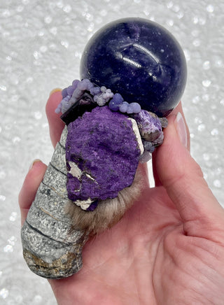 Orthoceras, Lepidolite Sphere, Purpurite, Purple Tourmaline, Charoite, Shamanic Healing Magic Wand, OOAK, Spiritual Awakening, Intuition - Journey There -