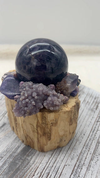 Palo Santo, Amethyst Sphere, Grape Agate, Charoite, Lepidolite, Ametrine, Spessartine Shamanic Healing Wand of Light Orb of Transformation - Journey There -