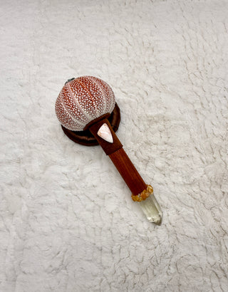 Sea Urchin Rattle Shaker, Citrine Point, Pink Scolecite, Ruby Record Keeper, Yellow Jade