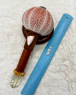 Sea Urchin Rattle Shaker, Citrine Point, Pink Scolecite, Ruby Record Keeper, Yellow Jade