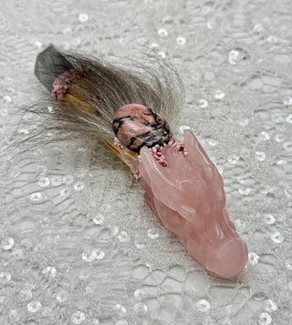 Rose Quartz Dragon, Driftwood, Gray Brazillian Lithium Quartz, Morganite, Kunzite, Thulite, Shamanic Healing Wand, Self-Love, Peace