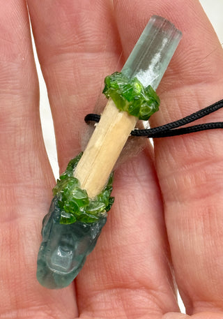 Fluorite, Green Tourmaline, Moldavite, Chrome Diopside Dragon Traveling Wand, Awakening, Heart Chakra, Higher Consciousness