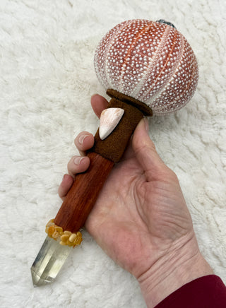 Sea Urchin Rattle Shaker, Citrine Point, Pink Scolecite, Ruby Record Keeper, Yellow Jade