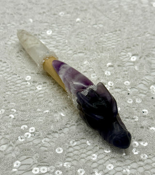 Fluorite Dragon, Amethyst, White Agate & Quartz Shamanic Healing Wand, Quiet Mind, Crown Chakra, Inner Peace, Wisdom