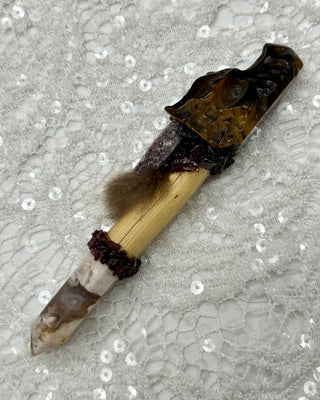 Tiger Eye Dragon, Flower Agate Point, Ruby, Garnet Shamanic Healing Wand, Empowerment, Confidence, Transformation, Protection