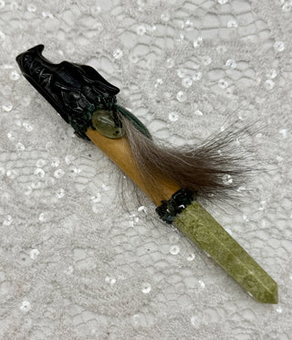 Black Obsidian Dragon, Serpentine, Malachite, Prehnite, Bloodstone Shamanic Healing Wand, Shadow Work, Grounding, Heart Opening