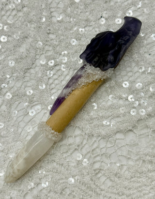 Fluorite Dragon, Amethyst, White Agate & Quartz Shamanic Healing Wand, Quiet Mind, Crown Chakra, Inner Peace, Wisdom