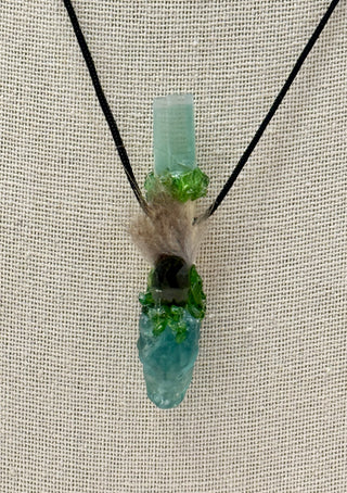 Fluorite, Green Tourmaline, Moldavite, Chrome Diopside Dragon Traveling Wand, Awakening, Heart Chakra, Higher Consciousness