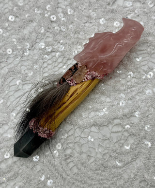 Rose Quartz Dragon, Driftwood, Gray Brazillian Lithium Quartz, Morganite, Kunzite, Thulite, Shamanic Healing Wand, Self-Love, Peace