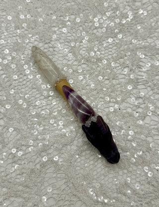 Fluorite Dragon, Amethyst, White Agate & Quartz Shamanic Healing Wand, Quiet Mind, Crown Chakra, Inner Peace, Wisdom