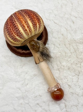 Sea Urchin Rattle Shaker, Rutilated Quartz Skull, Carnelian, Peach Moonstone, Healing, Meditation
