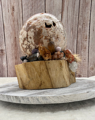 Orb of Transformation, Crazy Lace Agate Sphere, Palo Santo Base, Emotional Balance