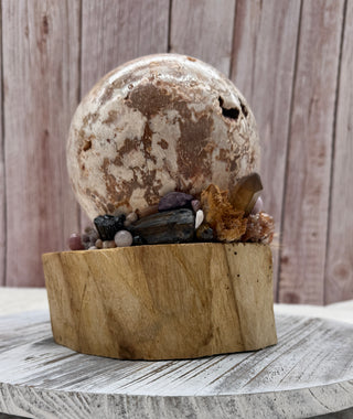 Orb of Transformation, Crazy Lace Agate Sphere, Palo Santo Base, Emotional Balance