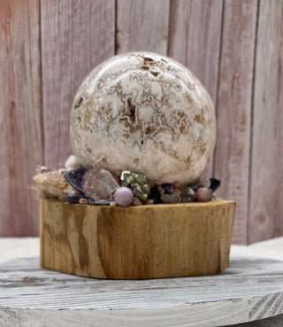 Orb of Transformation, Crazy Lace Agate Sphere, Palo Santo Base, Emotional Balance