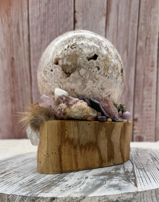 Orb of Transformation, Crazy Lace Agate Sphere, Palo Santo Base, Emotional Balance