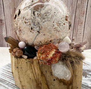 Orb of Transformation, Crazy Lace Agate Sphere, Palo Santo Base, Emotional Balance