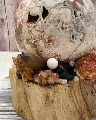 Orb of Transformation, Crazy Lace Agate Sphere, Palo Santo Base, Emotional Balance