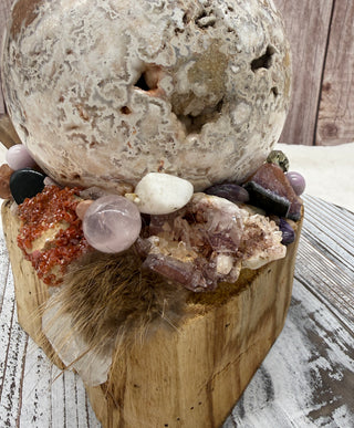 Orb of Transformation, Crazy Lace Agate Sphere, Palo Santo Base, Emotional Balance