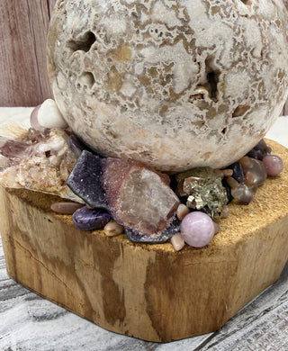 Orb of Transformation, Crazy Lace Agate Sphere, Palo Santo Base, Emotional Balance