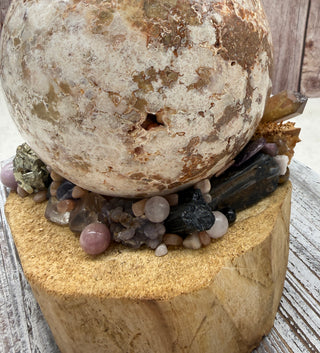 Orb of Transformation, Crazy Lace Agate Sphere, Palo Santo Base, Emotional Balance