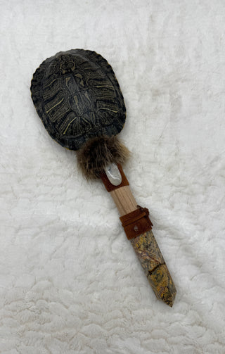 Turtle Shaker Rattle with Leopard Skin Jasper, Ocean Jasper & Rutilated Quartz