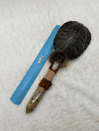 Turtle Shaker Rattle with Leopard Skin Jasper, Ocean Jasper & Rutilated Quartz