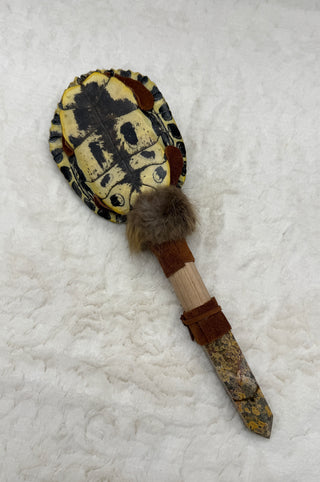 Turtle Shaker Rattle with Leopard Skin Jasper, Ocean Jasper & Rutilated Quartz