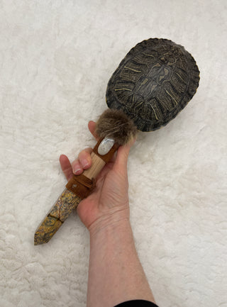 Turtle Shaker Rattle with Leopard Skin Jasper, Ocean Jasper & Rutilated Quartz