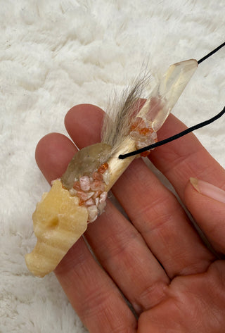Traveling Dragon Wand, Wearable, Yellow Calcite, Golden Healer Isis Face, Lybian Glass, Sunstone