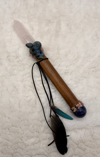 Healing Wand with Rose Quartz, Sodalite, Labradorite Snake, Rhodochrosite