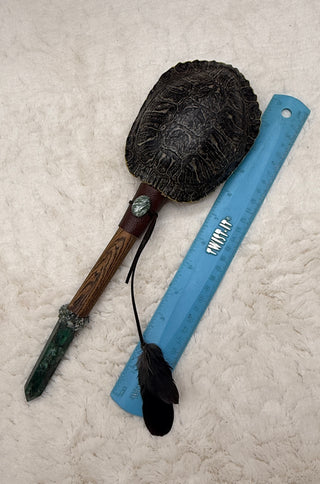 Turtle Shaker Rattle with Emerald, Moss Agate, Seraphinite & Malachite