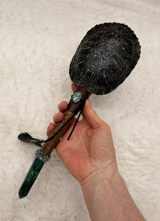 Turtle Shaker Rattle with Emerald, Moss Agate, Seraphinite & Malachite