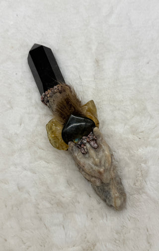 Moonstone Dragon with Smoky Quartz, Labradorite, Amber & Leopard Skin Jasper; Transformation