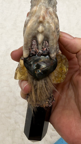Moonstone Dragon with Smoky Quartz, Labradorite, Amber & Leopard Skin Jasper; Transformation