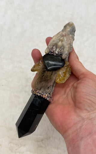 Moonstone Dragon with Smoky Quartz, Labradorite, Amber & Leopard Skin Jasper; Transformation
