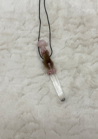 Lemurian Quartz Point with Rose Quartz Mushroom Traveling Wand, Pendant; Heart Healing