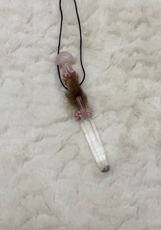 Lemurian Quartz Point with Rose Quartz Mushroom Traveling Wand, Pendant; Heart Healing