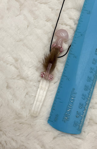 Lemurian Quartz Point with Rose Quartz Mushroom Traveling Wand, Pendant; Heart Healing